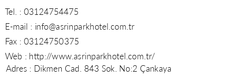 Asrn Park Hotel telefon numaralar, faks, e-mail, posta adresi ve iletiim bilgileri